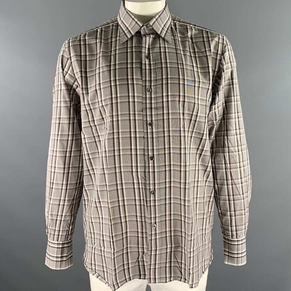 TOM FORD Size XL Brown Plaid Cotton Long Sleeve Shirt